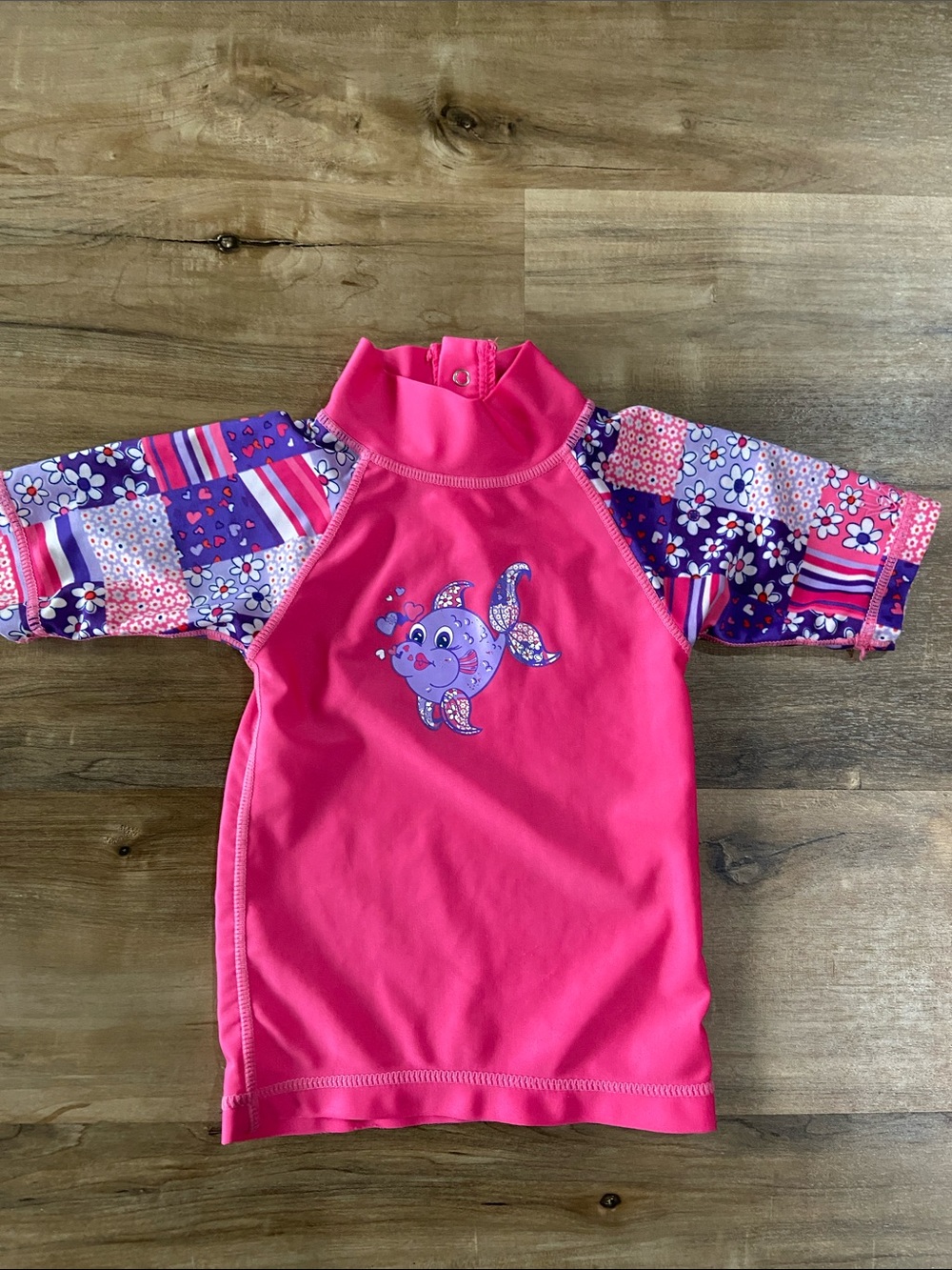 Kids Pink Short Sleeve Rash Guard Swim Top with Purple Patchwork Sleeves